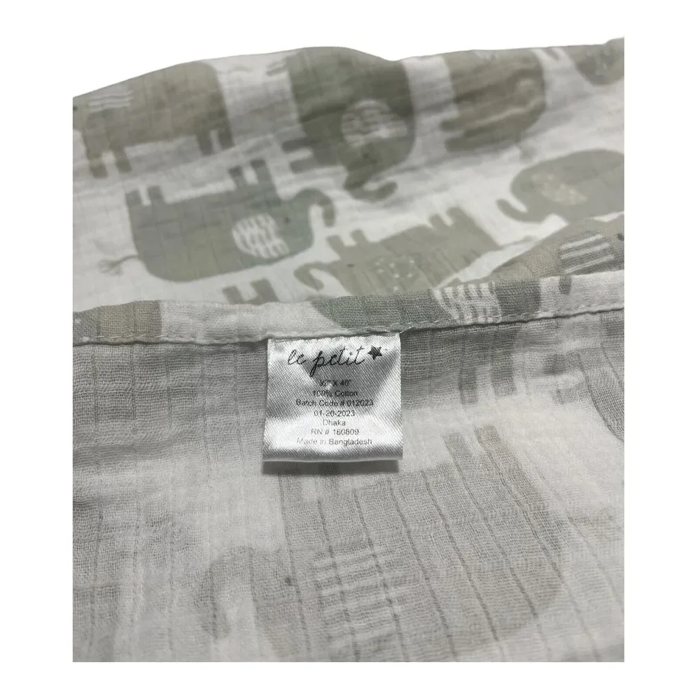 Le Petit Gray White Elephant Muslin Swaddle Baby Blanket 100% Cotton